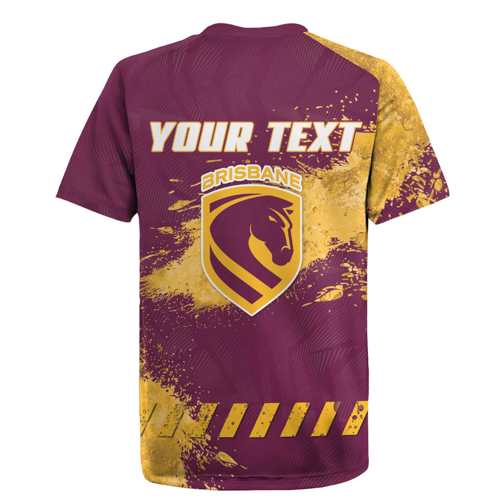 Personalised Brisbane Broncos Rugby Rugby Jersey Bronx Mascot Grunge Maroon Gold - Sporty Splash Art Style