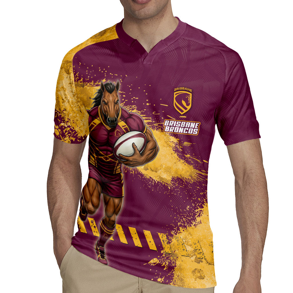 Personalised Brisbane Broncos Rugby Rugby Jersey Bronx Mascot Grunge Maroon Gold - Sporty Splash Art Style