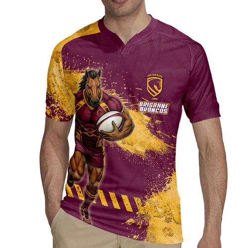 Personalised Brisbane Broncos Rugby Rugby Jersey Bronx Mascot Grunge Maroon Gold - Sporty Splash Art Style