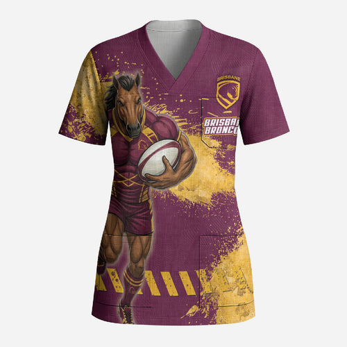 Personalised Brisbane Broncos Rugby Scrub Top Bronx Mascot Grunge Maroon Gold - Sporty Splash Art Style
