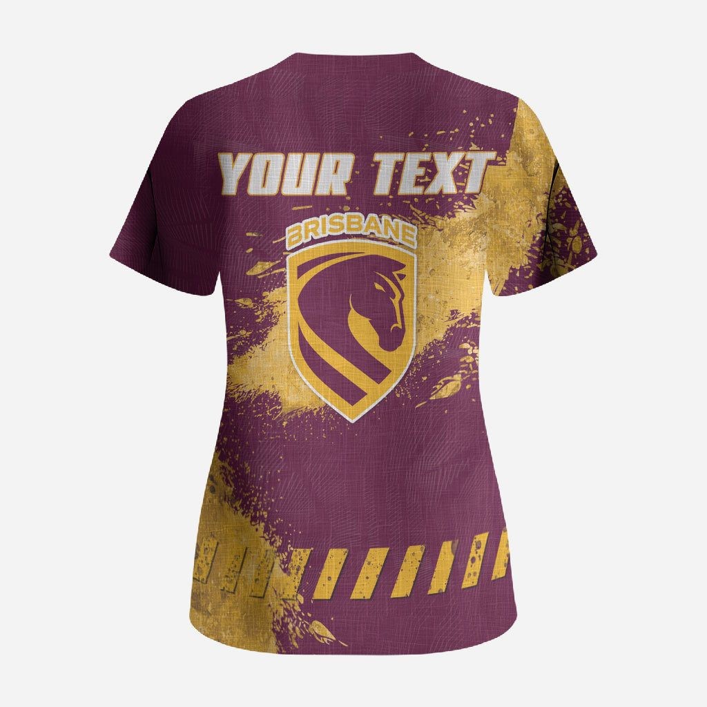Personalised Brisbane Broncos Rugby Scrub Top Bronx Mascot Grunge Maroon Gold - Sporty Splash Art Style