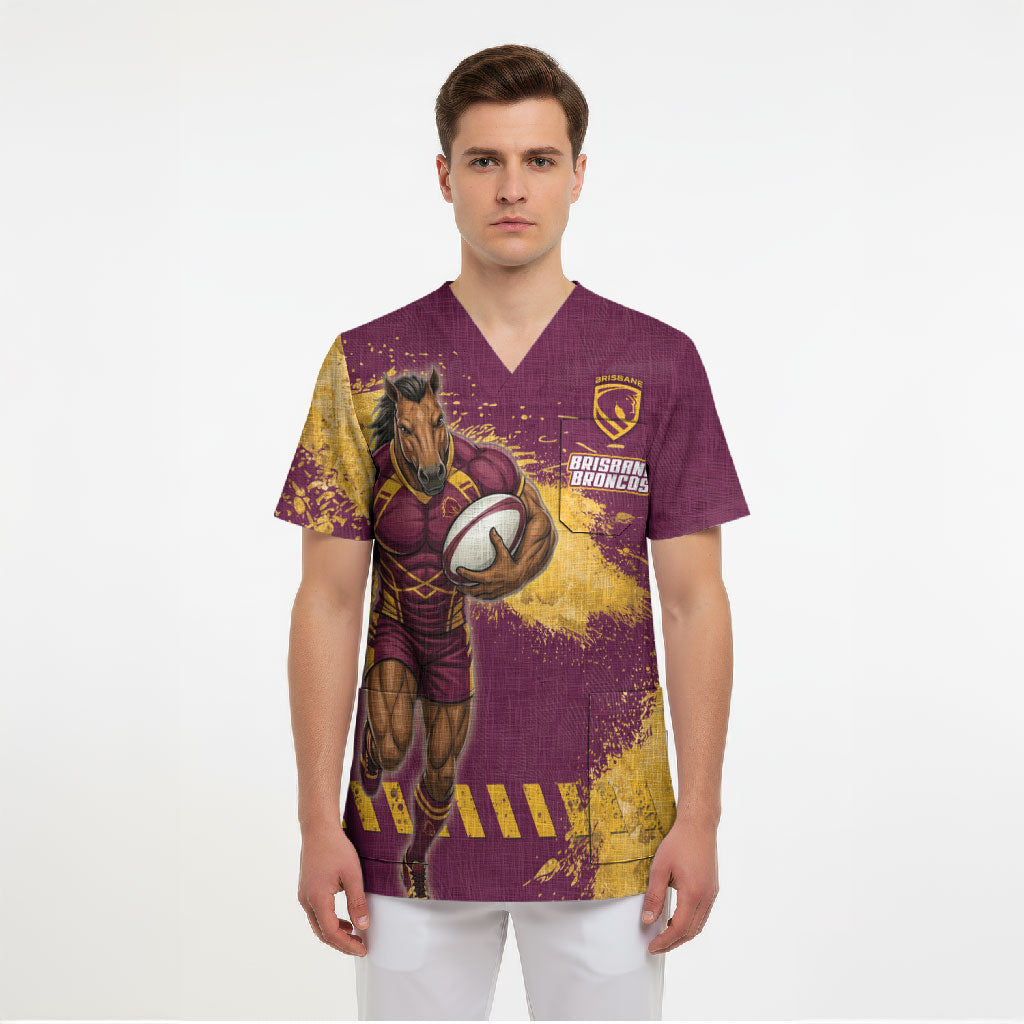 Personalised Brisbane Broncos Rugby Scrub Top Bronx Mascot Grunge Maroon Gold - Sporty Splash Art Style