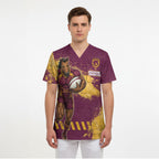 Personalised Brisbane Broncos Rugby Scrub Top Bronx Mascot Grunge Maroon Gold - Sporty Splash Art Style