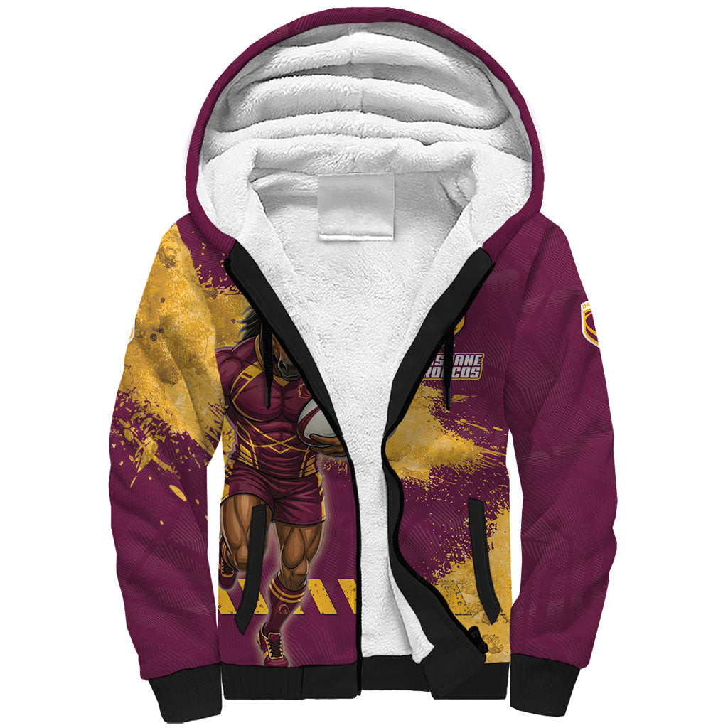 Personalised Brisbane Broncos Rugby Sherpa Hoodie Bronx Mascot Grunge Maroon Gold - Sporty Splash Art Style