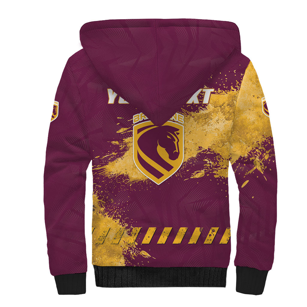 Personalised Brisbane Broncos Rugby Sherpa Hoodie Bronx Mascot Grunge Maroon Gold - Sporty Splash Art Style
