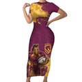 Personalised Brisbane Broncos Rugby Short Sleeve Bodycon Dress Bronx Mascot Grunge Maroon Gold - Sporty Splash Art Style