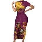 Personalised Brisbane Broncos Rugby Short Sleeve Bodycon Dress Bronx Mascot Grunge Maroon Gold - Sporty Splash Art Style