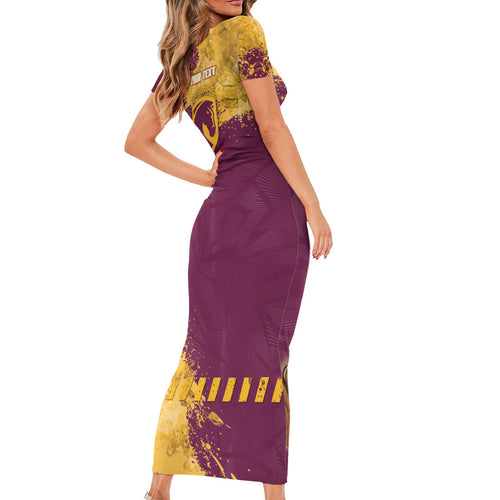 Personalised Brisbane Broncos Rugby Short Sleeve Bodycon Dress Bronx Mascot Grunge Maroon Gold - Sporty Splash Art Style