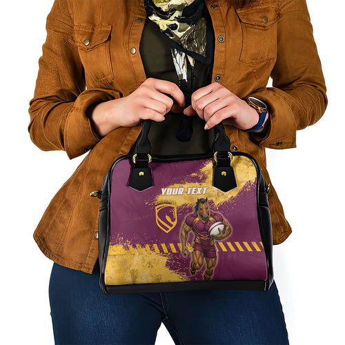 Personalised Brisbane Broncos Rugby Shoulder Handbag Bronx Mascot Grunge Maroon Gold - Sporty Splash Art Style
