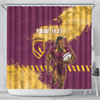 Personalised Brisbane Broncos Rugby Shower Curtain Bronx Mascot Grunge Maroon Gold - Sporty Splash Art Style