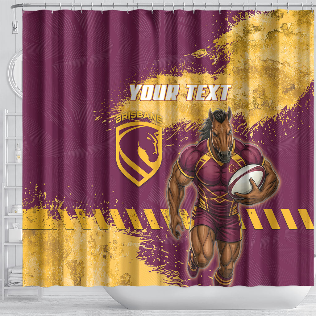Personalised Brisbane Broncos Rugby Shower Curtain Bronx Mascot Grunge Maroon Gold - Sporty Splash Art Style