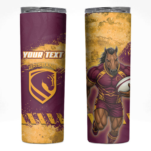 Personalised Brisbane Broncos Rugby Skinny Tumbler Bronx Mascot Grunge Maroon Gold - Sporty Splash Art Style