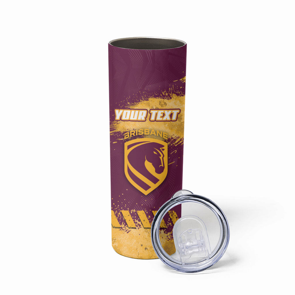 Personalised Brisbane Broncos Rugby Skinny Tumbler Bronx Mascot Grunge Maroon Gold - Sporty Splash Art Style