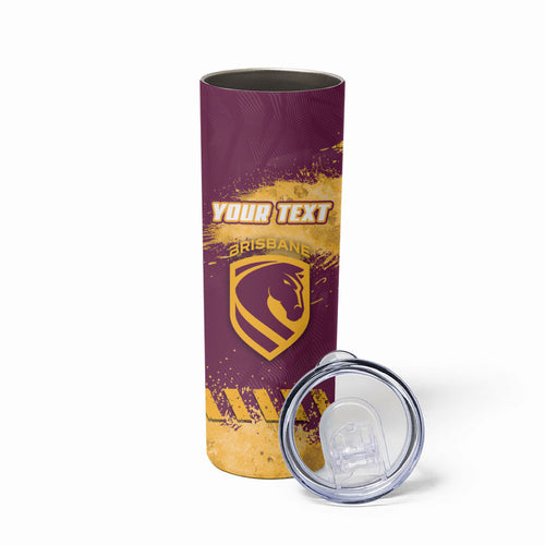 Personalised Brisbane Broncos Rugby Skinny Tumbler Bronx Mascot Grunge Maroon Gold - Sporty Splash Art Style