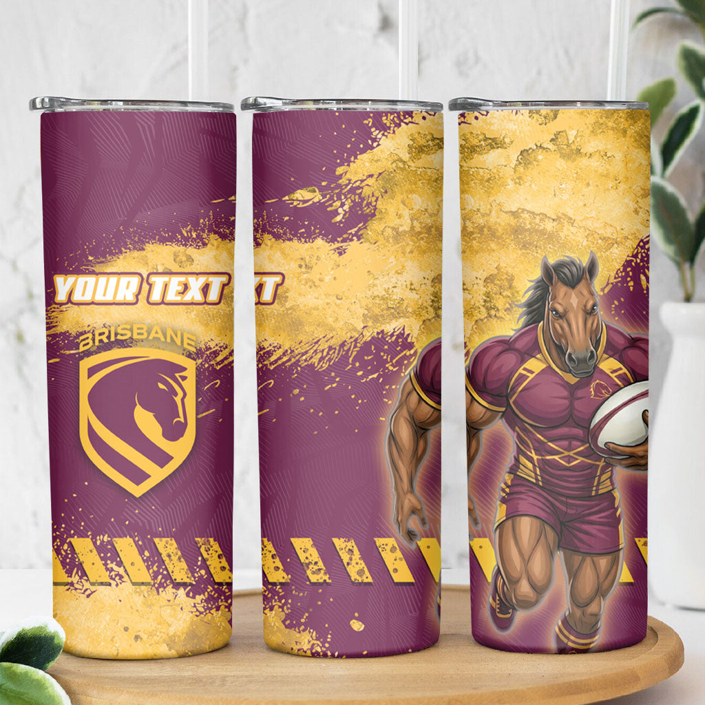 Personalised Brisbane Broncos Rugby Skinny Tumbler Bronx Mascot Grunge Maroon Gold - Sporty Splash Art Style