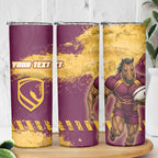 Personalised Brisbane Broncos Rugby Skinny Tumbler Bronx Mascot Grunge Maroon Gold - Sporty Splash Art Style