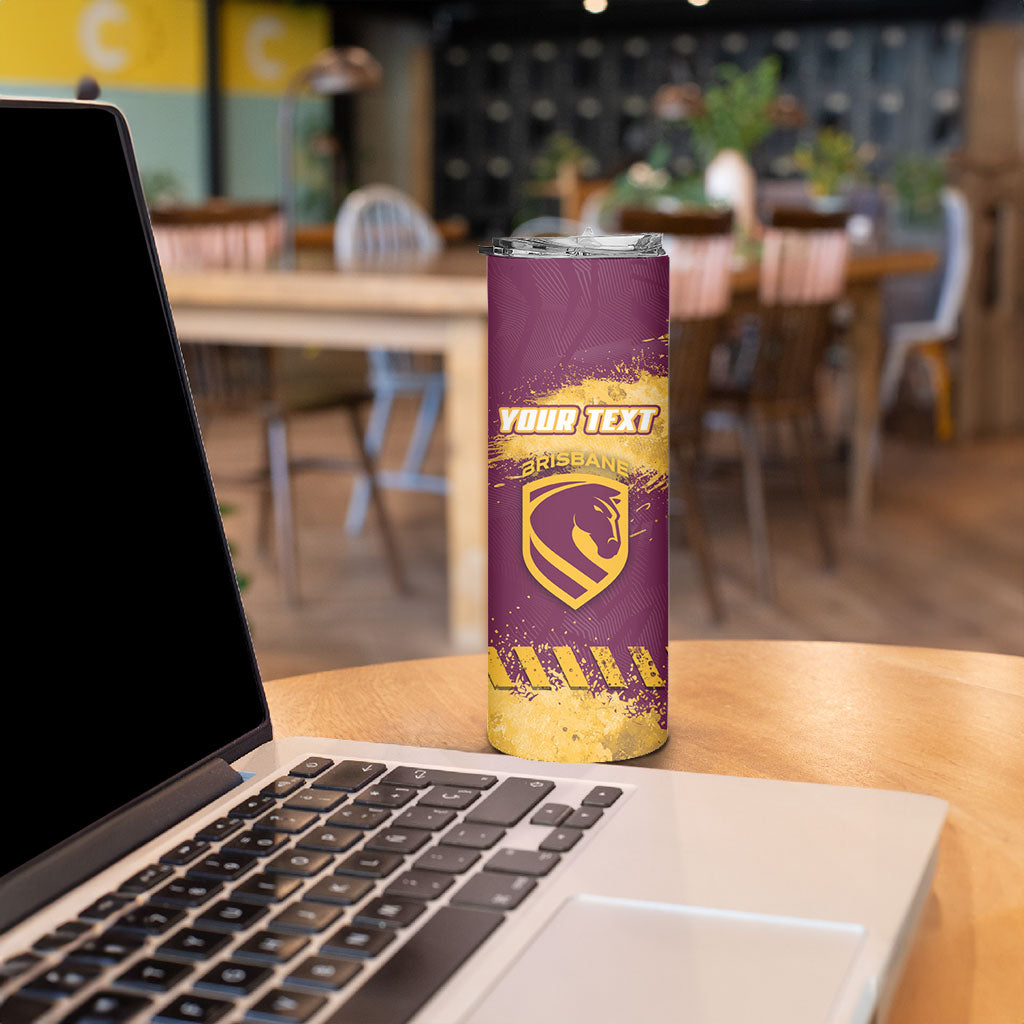 Personalised Brisbane Broncos Rugby Skinny Tumbler Bronx Mascot Grunge Maroon Gold - Sporty Splash Art Style