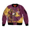 Personalised Brisbane Broncos Rugby Sleeve Zip Bomber Jacket Bronx Mascot Grunge Maroon Gold - Sporty Splash Art Style