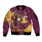 Personalised Brisbane Broncos Rugby Sleeve Zip Bomber Jacket Bronx Mascot Grunge Maroon Gold - Sporty Splash Art Style