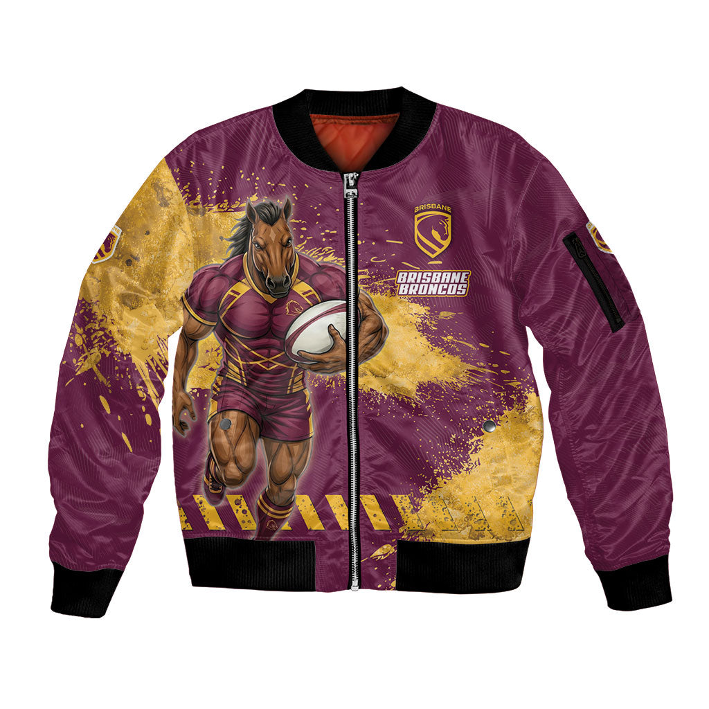 Personalised Brisbane Broncos Rugby Sleeve Zip Bomber Jacket Bronx Mascot Grunge Maroon Gold - Sporty Splash Art Style