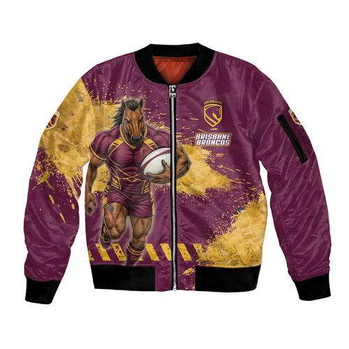 Personalised Brisbane Broncos Rugby Sleeve Zip Bomber Jacket Bronx Mascot Grunge Maroon Gold - Sporty Splash Art Style