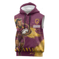 Personalised Brisbane Broncos Rugby Sleeveless Hoodie Bronx Mascot Grunge Maroon Gold - Sporty Splash Art Style