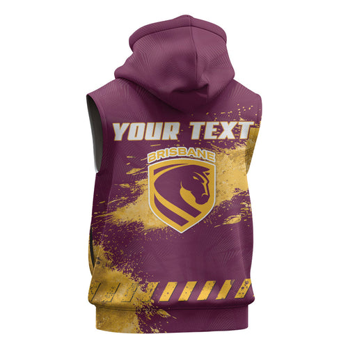 Personalised Brisbane Broncos Rugby Sleeveless Hoodie Bronx Mascot Grunge Maroon Gold - Sporty Splash Art Style