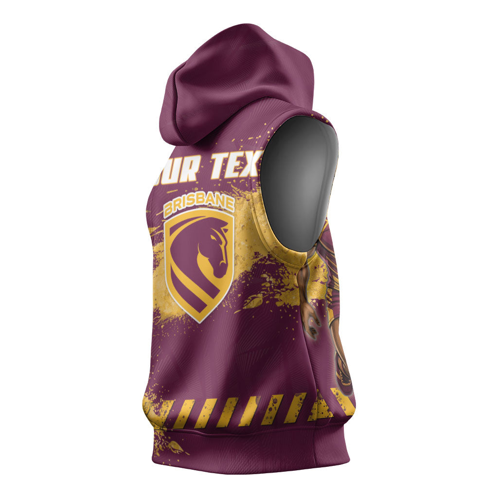 Personalised Brisbane Broncos Rugby Sleeveless Hoodie Bronx Mascot Grunge Maroon Gold - Sporty Splash Art Style