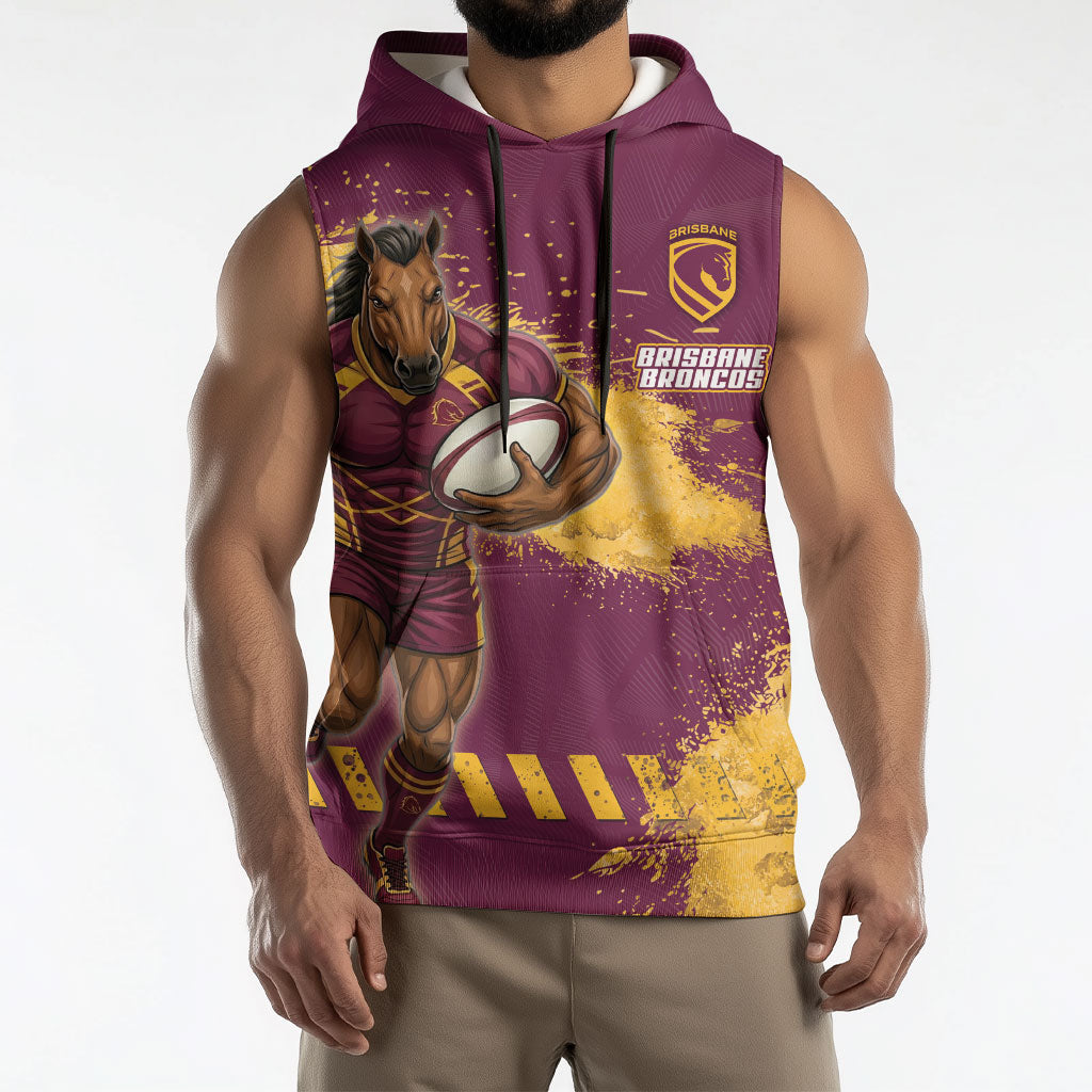 Personalised Brisbane Broncos Rugby Sleeveless Hoodie Bronx Mascot Grunge Maroon Gold - Sporty Splash Art Style