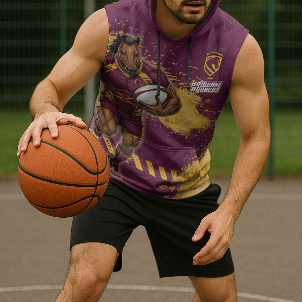 Personalised Brisbane Broncos Rugby Sleeveless Hoodie Bronx Mascot Grunge Maroon Gold - Sporty Splash Art Style