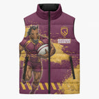 Personalised Brisbane Broncos Rugby Sleeveless Puffer Jacket Bronx Mascot Grunge Maroon Gold - Sporty Splash Art Style