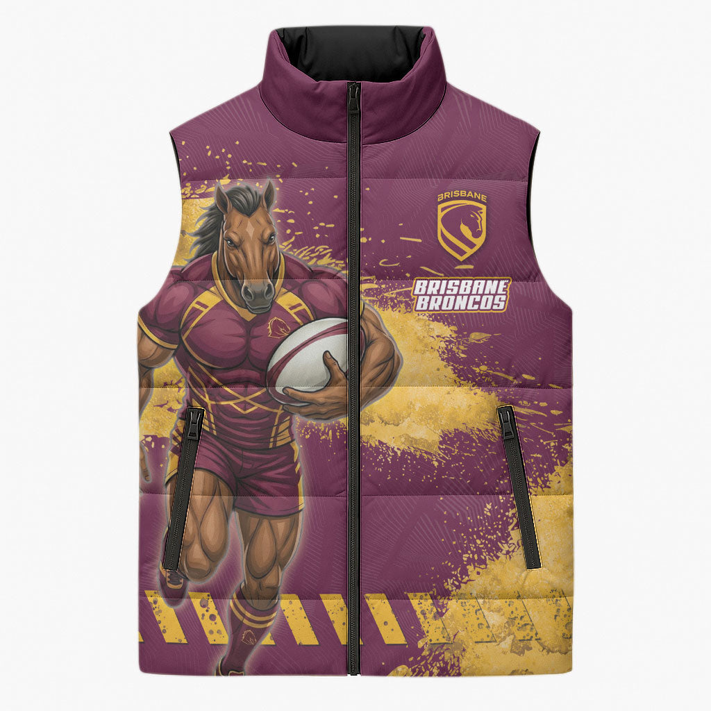 Personalised Brisbane Broncos Rugby Sleeveless Puffer Jacket Bronx Mascot Grunge Maroon Gold - Sporty Splash Art Style