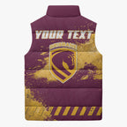 Personalised Brisbane Broncos Rugby Sleeveless Puffer Jacket Bronx Mascot Grunge Maroon Gold - Sporty Splash Art Style