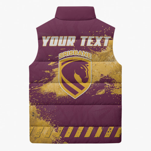 Personalised Brisbane Broncos Rugby Sleeveless Puffer Jacket Bronx Mascot Grunge Maroon Gold - Sporty Splash Art Style