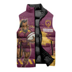 Personalised Brisbane Broncos Rugby Sleeveless Puffer Jacket Bronx Mascot Grunge Maroon Gold - Sporty Splash Art Style