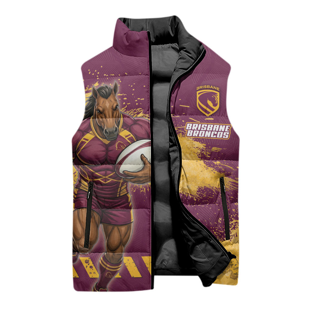 Personalised Brisbane Broncos Rugby Sleeveless Puffer Jacket Bronx Mascot Grunge Maroon Gold - Sporty Splash Art Style
