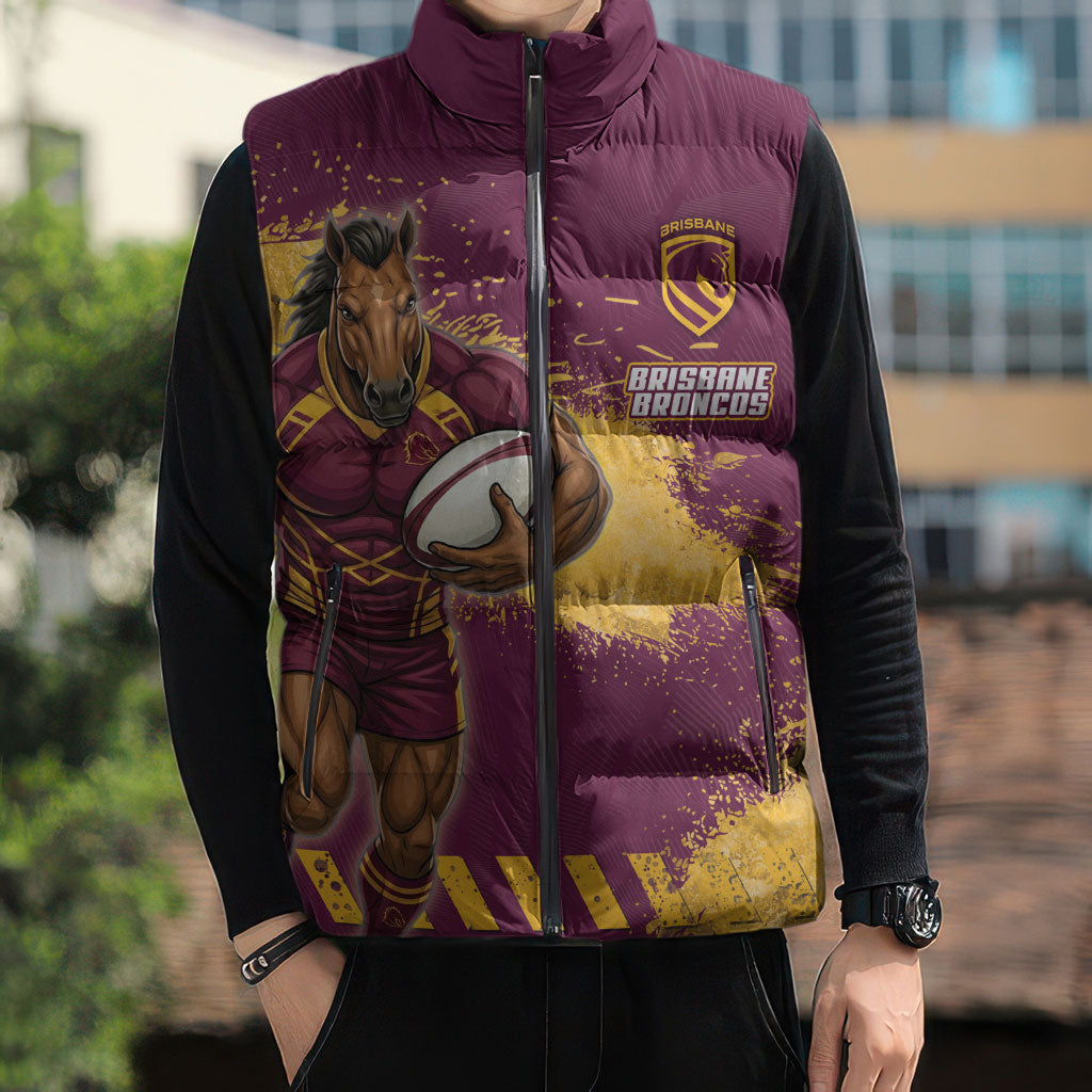 Personalised Brisbane Broncos Rugby Sleeveless Puffer Jacket Bronx Mascot Grunge Maroon Gold - Sporty Splash Art Style
