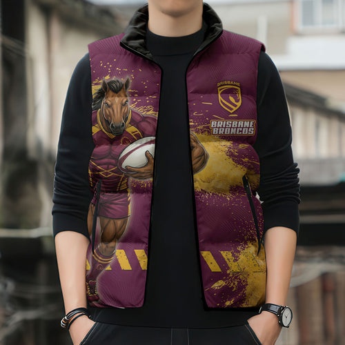 Personalised Brisbane Broncos Rugby Sleeveless Puffer Jacket Bronx Mascot Grunge Maroon Gold - Sporty Splash Art Style