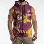 Personalised Brisbane Broncos Rugby Sleeveless Zip Hoodie Bronx Mascot Grunge Maroon Gold - Sporty Splash Art Style