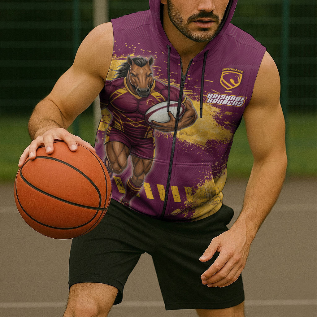 Personalised Brisbane Broncos Rugby Sleeveless Zip Hoodie Bronx Mascot Grunge Maroon Gold - Sporty Splash Art Style