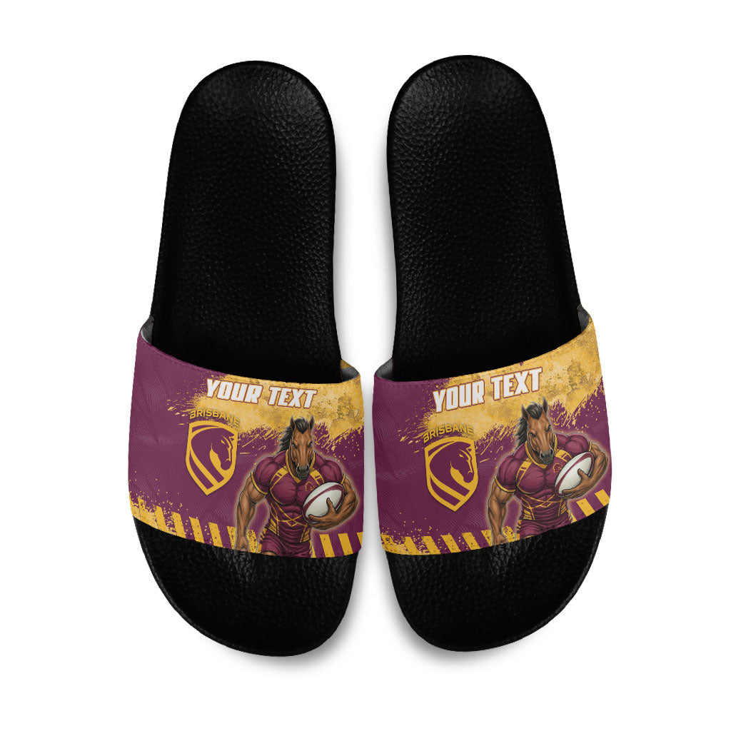 Personalised Brisbane Broncos Rugby Slide Sandals Bronx Mascot Grunge Maroon Gold - Sporty Splash Art Style