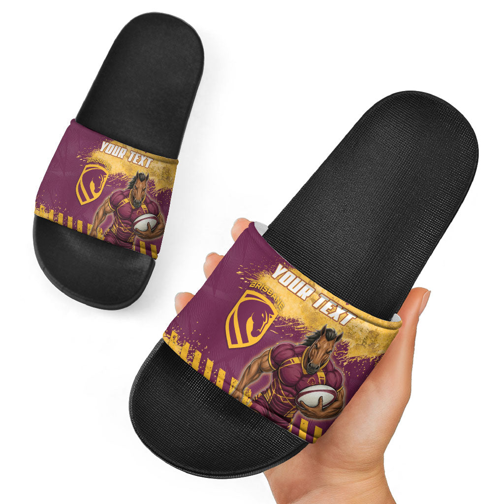 Personalised Brisbane Broncos Rugby Slide Sandals Bronx Mascot Grunge Maroon Gold - Sporty Splash Art Style