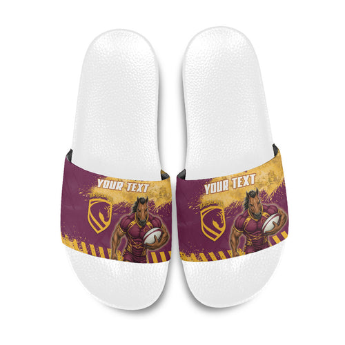 Personalised Brisbane Broncos Rugby Slide Sandals Bronx Mascot Grunge Maroon Gold - Sporty Splash Art Style