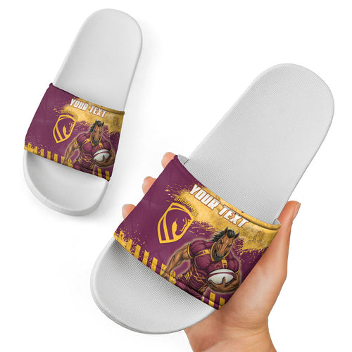 Personalised Brisbane Broncos Rugby Slide Sandals Bronx Mascot Grunge Maroon Gold - Sporty Splash Art Style