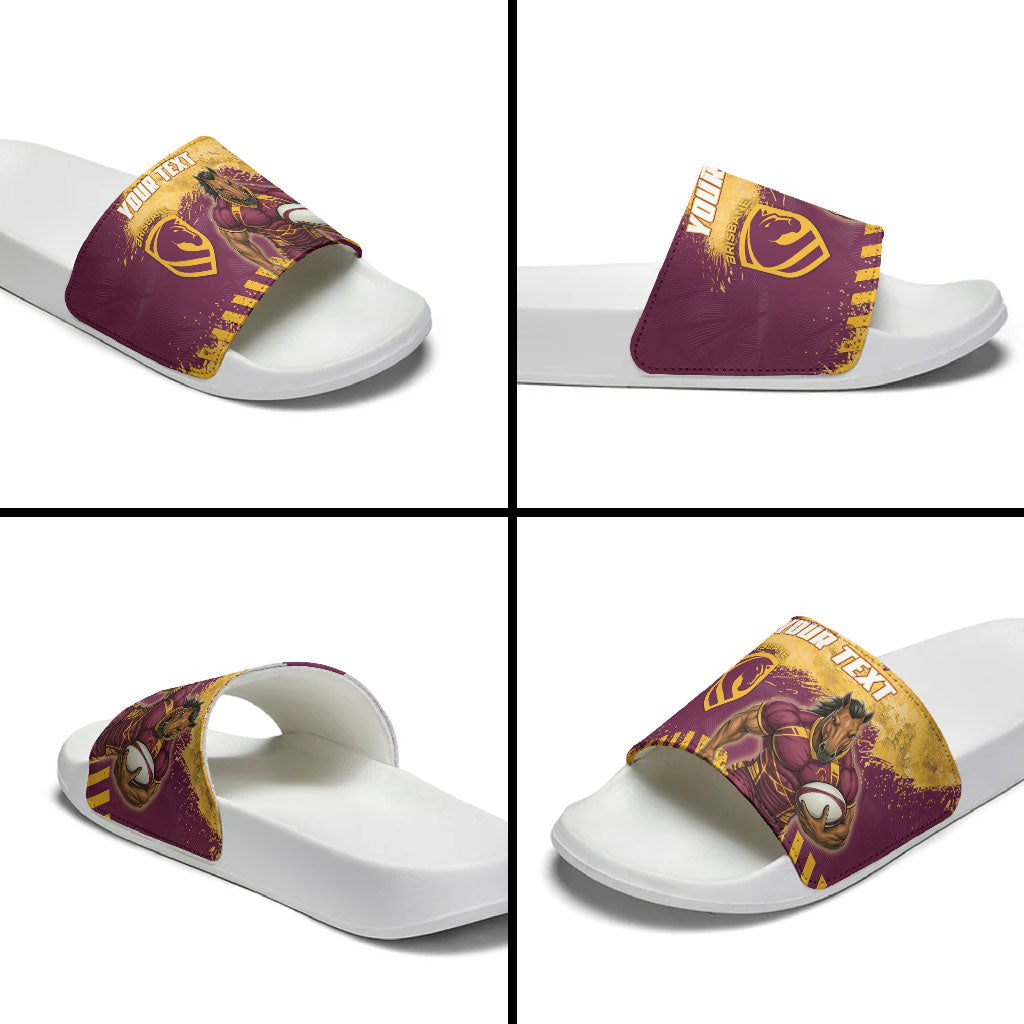 Personalised Brisbane Broncos Rugby Slide Sandals Bronx Mascot Grunge Maroon Gold - Sporty Splash Art Style