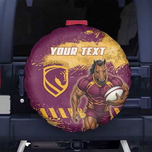 Personalised Brisbane Broncos Rugby Spare Tire Cover Bronx Mascot Grunge Maroon Gold - Sporty Splash Art Style