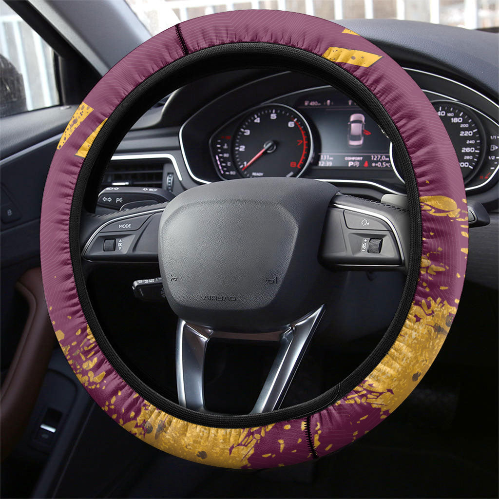 Brisbane Broncos Rugby Steering Wheel Cover Bronx Mascot Grunge Maroon Gold - Sporty Splash Art Style