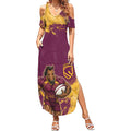 Personalised Brisbane Broncos Rugby Summer Maxi Dress Bronx Mascot Grunge Maroon Gold - Sporty Splash Art Style