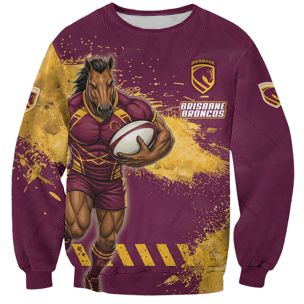 Personalised Brisbane Broncos Rugby Sweatshirt Bronx Mascot Grunge Maroon Gold - Sporty Splash Art Style