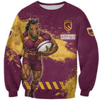 Personalised Brisbane Broncos Rugby Sweatshirt Bronx Mascot Grunge Maroon Gold - Sporty Splash Art Style